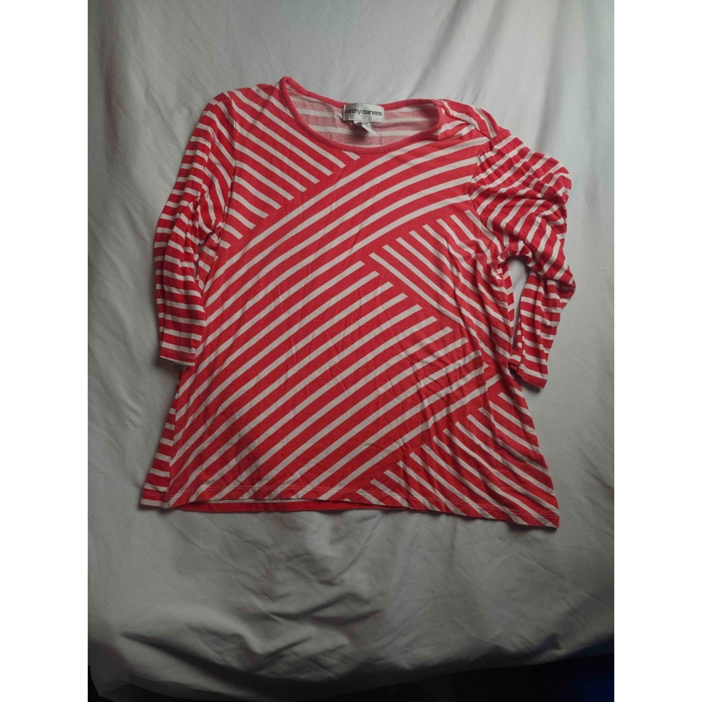 Cathy Daniels Shirt Top Womens Medium Red White Striped Tee 3/4 Sleeve Casual